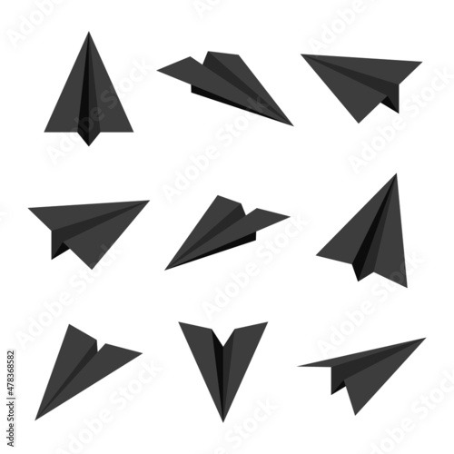 Realistic black handmade paper planes isolated on white background. Origami aircraft in flat style. Vector illustration.