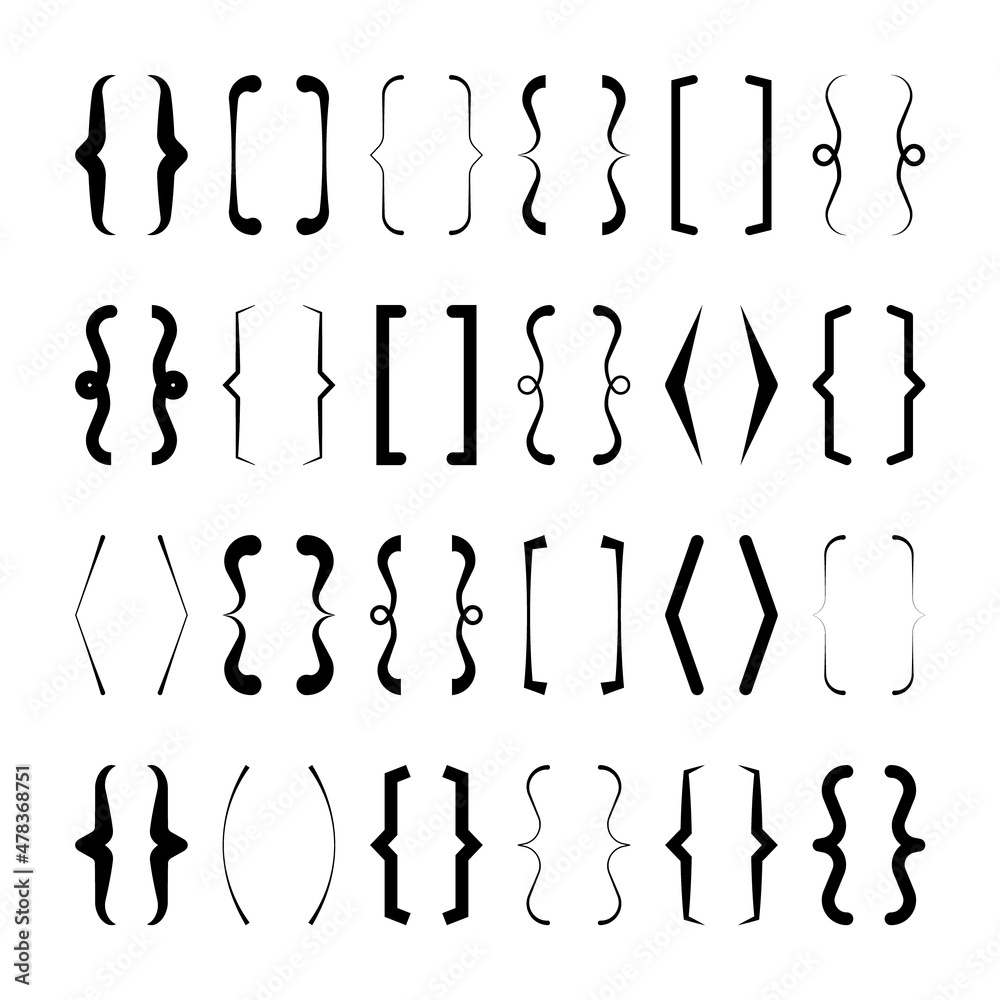 Text brackets collection, black quotation box. Curly, square and corner parentheses. Vintage typographical symbol, calligraphic quote frame. Doodle, lettering element. Vector illustration. Text brackets collection, black quotation box. Curly, square and corner parentheses. Vintage typographical symbol, calligraphic quote frame. Doodle, lettering element. Vector illustration.