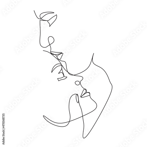 Line Art Men and woman.One Line Art Couple, Line Art Men and woman, Minimal Face Vector.  Couple print, Kiss print, Valentines Day Illustration. Love poster.We are one line.