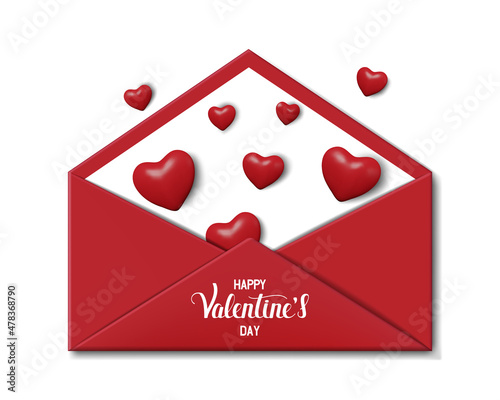 Banner for St. Valentine's Day. Realistic open red envelope with hearts and lettering. Color vector illustration, 3d style. White isolated background.