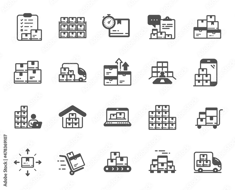 Inventory icons. Warehouse manager, Wholesale stock, Goods checklist. Delivery logistic, Box shelf, Warehouse distribution simple icons. Wholesale freight, Storage and Inventory operator. Vector