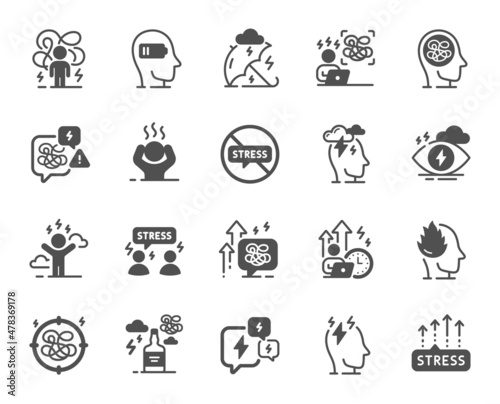 Stress icons. Mental health, depression and confusion thoughts. Frustrated man, negative mood, panic fear simple icons. Stress pressure and psychology mental problems. Bad depression. Vector