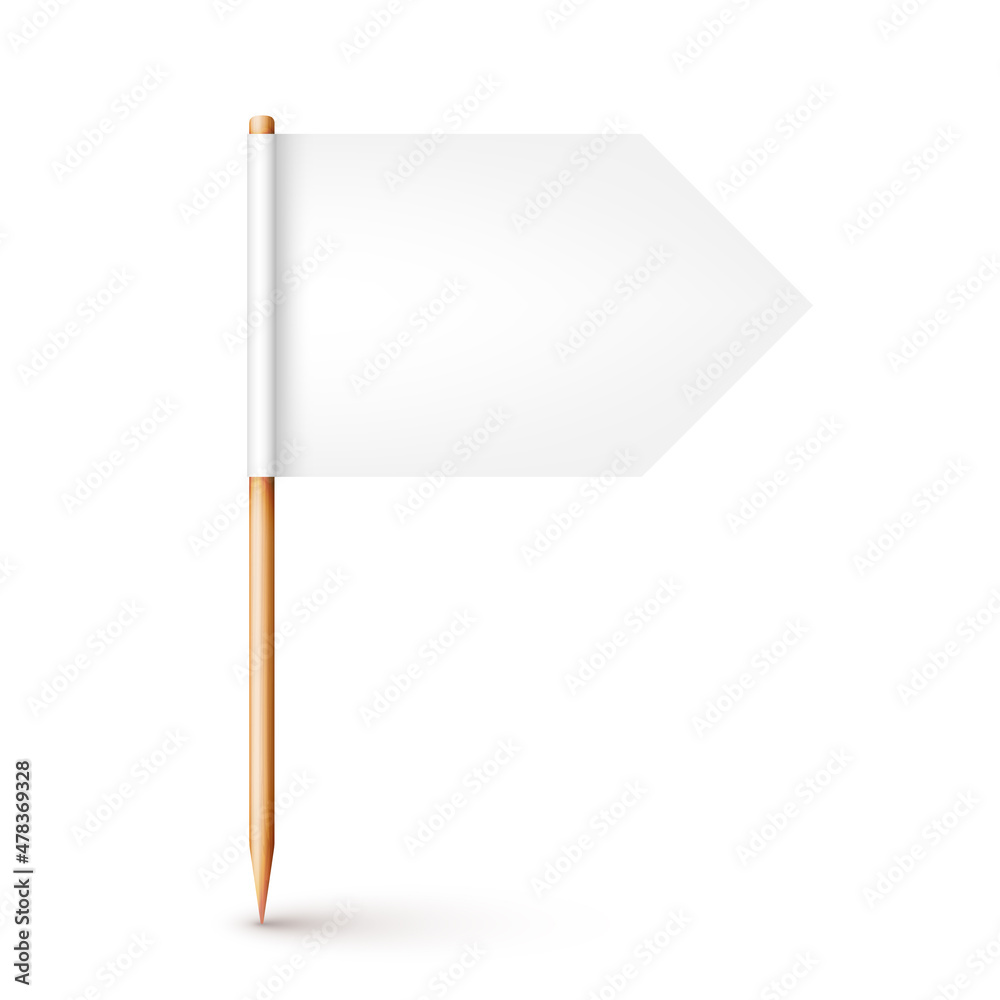 Realistic wooden toothpick with white paper flag. Location mark, map pointer. Blank mockup for advertising and promotions. Vector illustration Realistic wooden toothpick with white paper flag. Location mark, map pointer. Blank mockup for advertising and promotions. Vector illustration