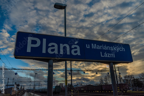 Electric multiple unit train in Plana u Marianskych Lazni station in evening photo