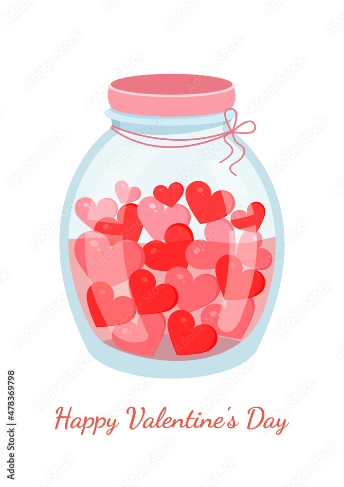 Romantic jar with hearts. Vector illustration of a jar for valentine's day for postcard, textile, decor, poster. Love message. Greeting card.