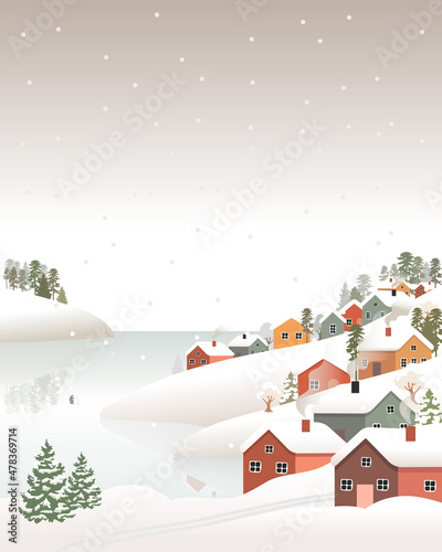 Vector illustration of winter landscape. Village and ice lake in flat style. Snow background and snowfall. Snow weather. Poster elements, book covers, brochures, magazine, leaflets, booklet