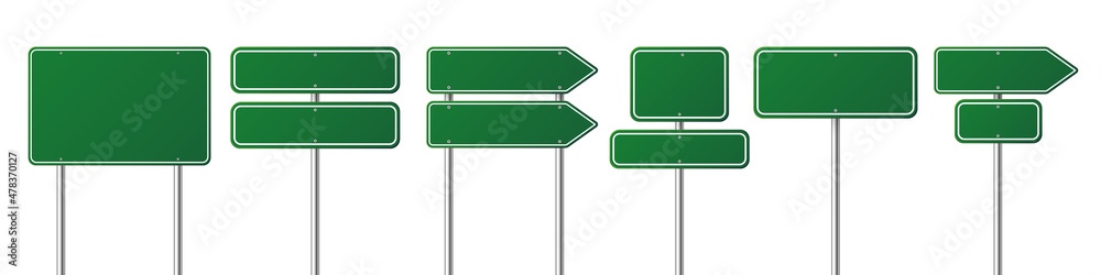 Road traffic signs set. Blank board with place for text. Mockup. Isolated green information sign. Direction. Vector illustration. Road traffic signs set. Blank board with place for text. Mockup. Isolated green information sign. Direction. Vector illustration.
