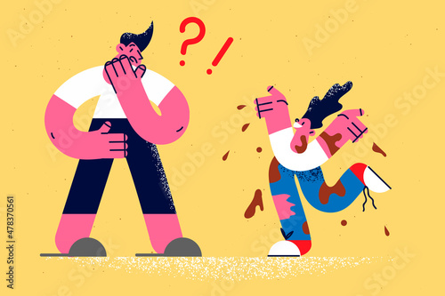 Shocked father frustrated by dirty small son 