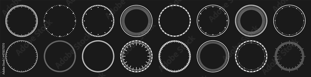Mechanical clock faces, bezel. White watch dial with minute and hour marks. Timer or stopwatch element. Blank measuring circle scale with divisions. Vector illustration. Mechanical clock faces, bezel. White watch dial with minute and hour marks. Timer or stopwatch element. Blank measuring circle scale with divisions. Vector illustration.