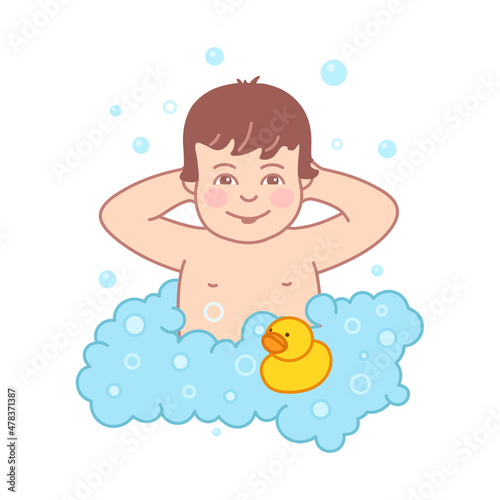 Baby in the bathroom. The boy bathes with foam. Vector illustration