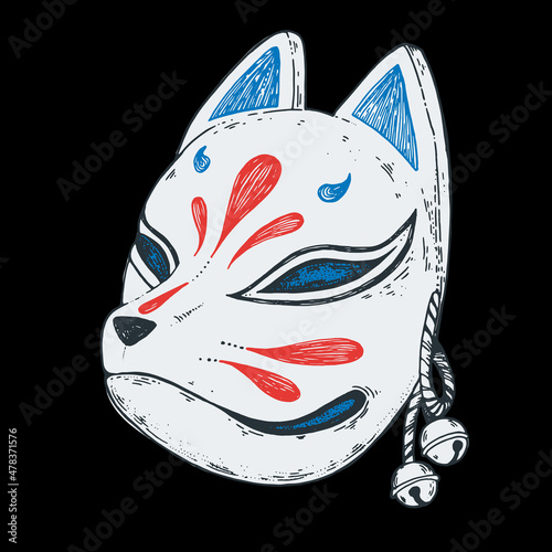 Kitsune mask hand drawn vector illustration. Traditional japanese demon. Tattoo print. Hand drawn illustration for t-shirt print, fabric and other uses.