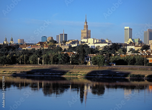 view of the Vistula River and Palace of Culture and Science (PKiN - Palac Kultury i Nauki, Warszawa) and downtown, Warsaw, Poland