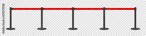 Realistic retractable belt stanchion on transparent background. Crowd control barrier posts with caution strap. Queue lines. Restriction border and danger tape. Vector illustration.