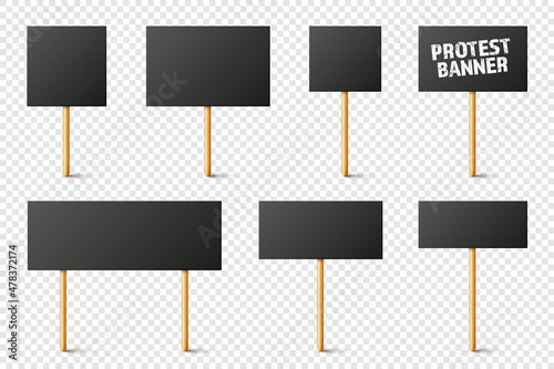 Blank black protest signs with wooden holder. Realistic vector demonstration banner. Strike action cardboard placard mockup.