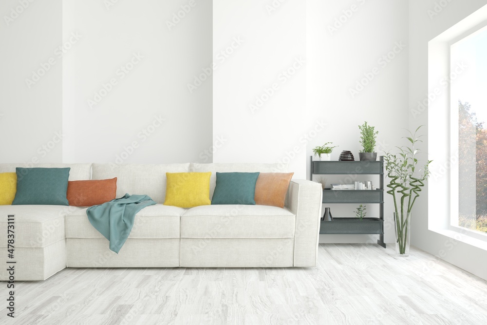 White living room with sofa. Scandinavian interior design. 3D illustration White living room with sofa. Scandinavian interior design. 3D illustration