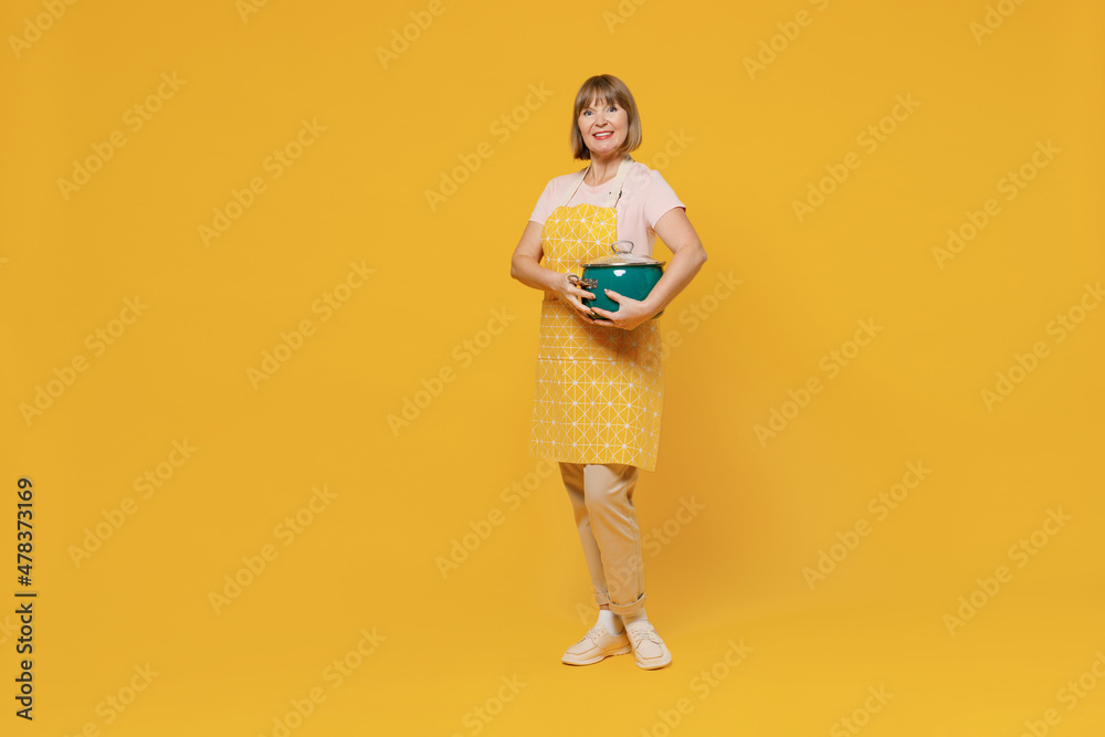 Full size happy elderly housekeeper housewife woman 40s in orange apron hold green saucepan with soup look camera isolated plain on yellow background studio portrait People household lifestyle concept Full size happy elderly housekeeper housewife woman 40s in orange apron hold green saucepan with soup look camera isolated plain on yellow background studio portrait People household lifestyle concept