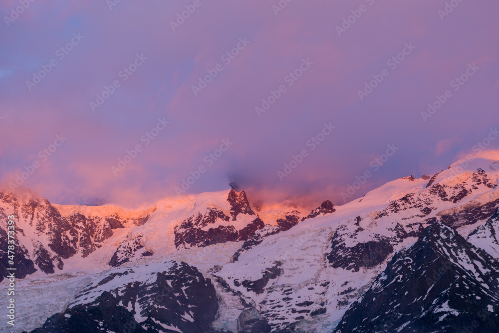 Mont Blanc du Tacul at nightfall in Europe, France, the Alps, towards Chamonix, in summer.