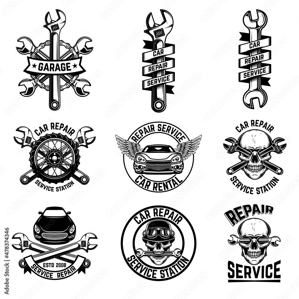 Obraz premium Set of car repair emblems. Design element for logo, label, sign, badge. Vector illustration