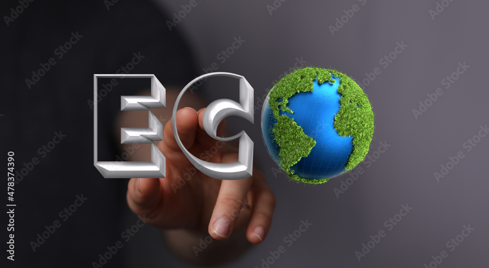 Eco word on the background of green leaves of carrots. plantation. Agriculture. harvest. Environmentally friendly, climate change Eco word on the background of green leaves of carrots. plantation. Agriculture. harvest. Environmentally friendly, climate change