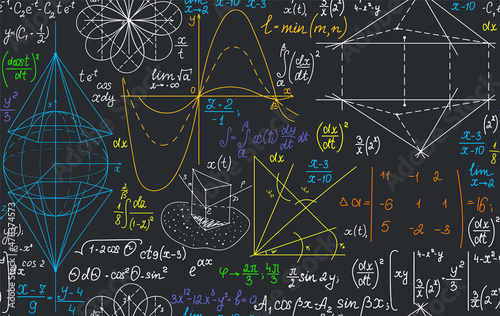 Multicolored vector seamless pattern with handwritten geometry and algebra formulas