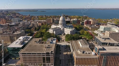 Dowtown Madison Wisconsin - State Capitol Building - Summer (Drone - Push In) photo