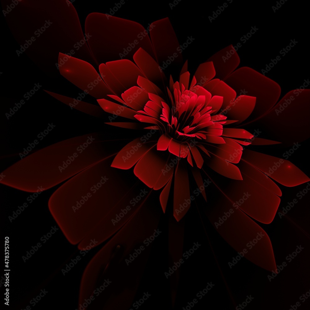 Dark fractal flower, digital artwork for creative graphic design...Fractal pattern in the shape of flowers on a black background.Abstract fractal background