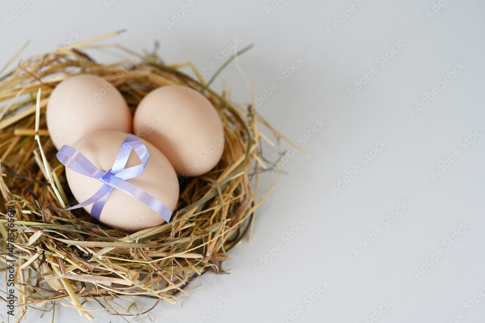 An Easter nest with natural egg decorated with violet ribbon, next to place for text. An Easter nest with natural egg decorated with violet ribbon, next to place for text.