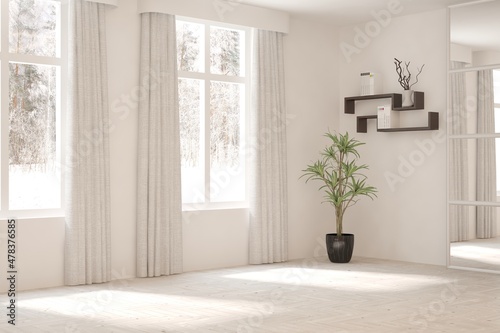 Mock up of empty room in white color with winter landscape in window. Scandinavian interior design. 3D illustration © AntonSh