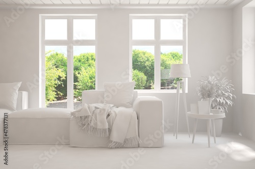 White living room with sofa and summer landscape in window. Scandinavian interior design. 3D illustration