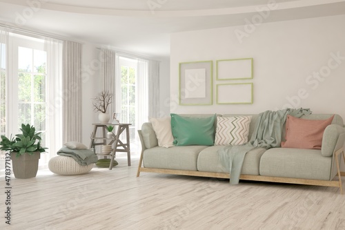 White living room with sofa. Scandinavian interior design. 3D illustration