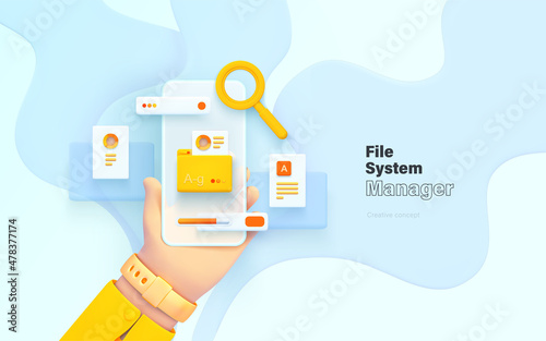 Search and classification of data. The hand is holding the phone. Mobile application for data analysis and accounting. File management. Electronic document management. Vector illustration 3d style