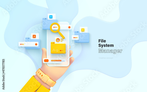 Search and classification of data. The hand is holding the phone. Mobile application for data analysis and accounting. File management. Electronic document management. Vector illustration 3d style