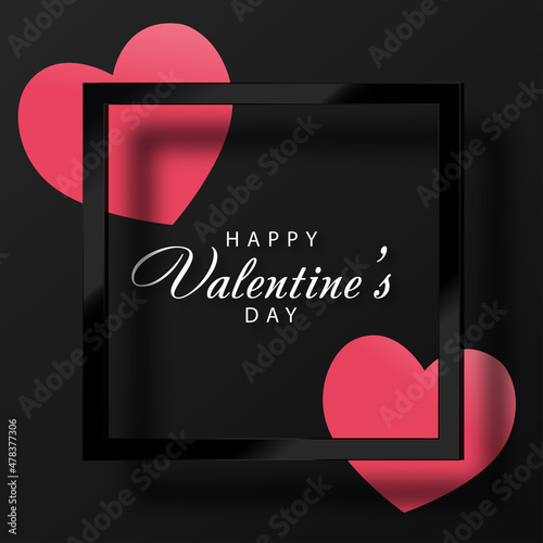 Happy Valentines Day greeting card with 3d pink heart on black background. Vector illustration