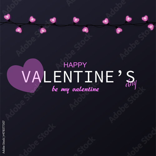 Happy Valentine's day card with pink heart shaped light bulbs. Vector illustration.