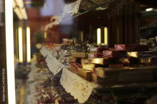 Sweets displaying on glass counter