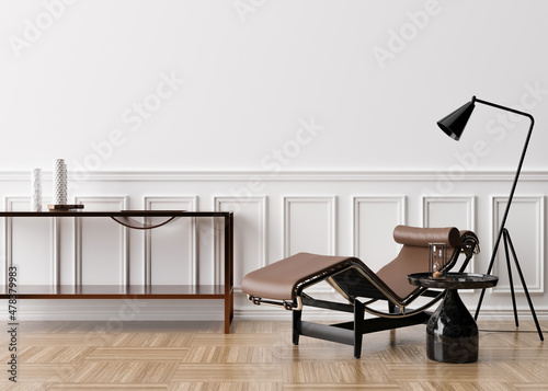 Empty white wall in modern living room. Mock up interior in classic style. Free space  copy space for your picture  text or another design. Brown leather lounge chair  black marble table. 3D rendering