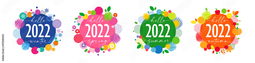 Set of round shape icons. Creative seasonal decorations. Coloured labels. 4 seasons of 2022. Web banner idea. Abstract isolated graphic design template Geometric style. Advertising shopping collection - obrazy, fototapety, plakaty 