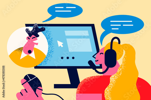 Call center agent consult client on computer call 