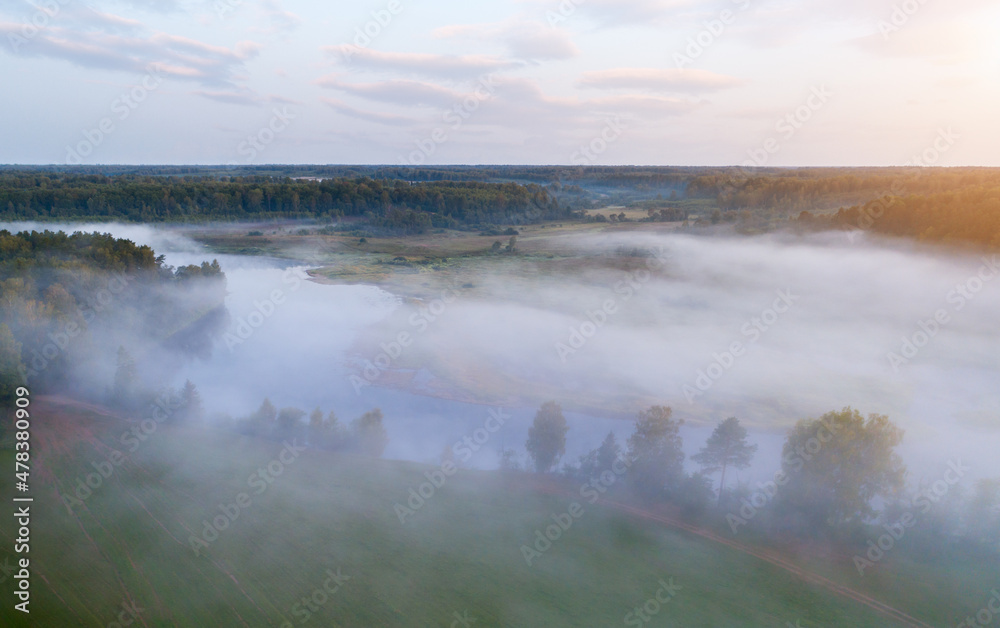 Summer foggy forest and river aerial drone view