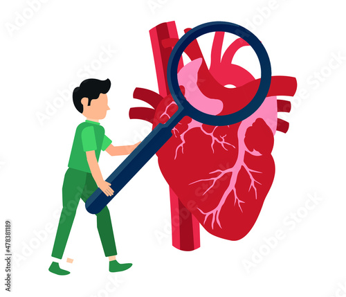 Human heart anatomy icon. Close up image of heart with magnifying glass. heart health concept. editable vector.
