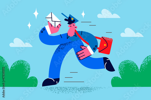 Happy postman deliver letter to client 