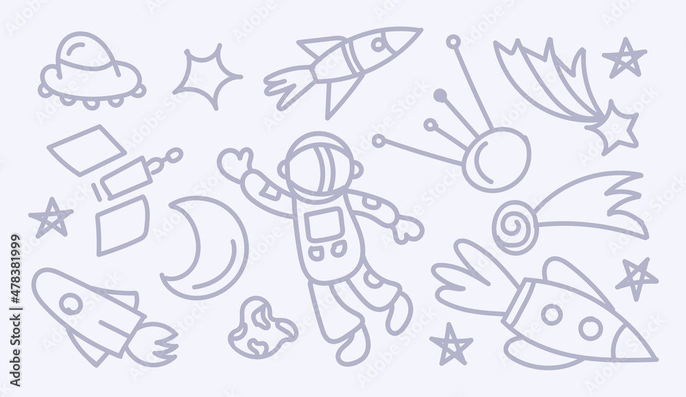 A set of Doodle cosmos illustrations, elements for any purpose. Spacecraft, planets, stars and UFOs. Print vector lines or banner.