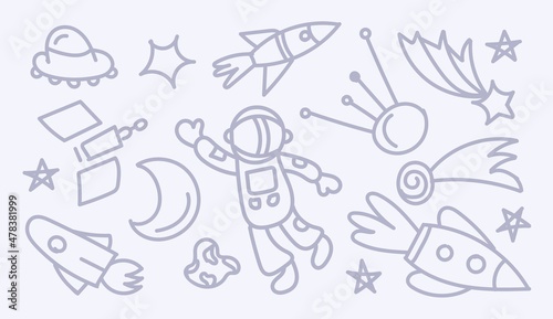 Fototapeta Naklejka Na Ścianę i Meble -  A set of Doodle cosmos illustrations, elements for any purpose. Spacecraft, planets, stars and UFOs. Print vector lines or banner.