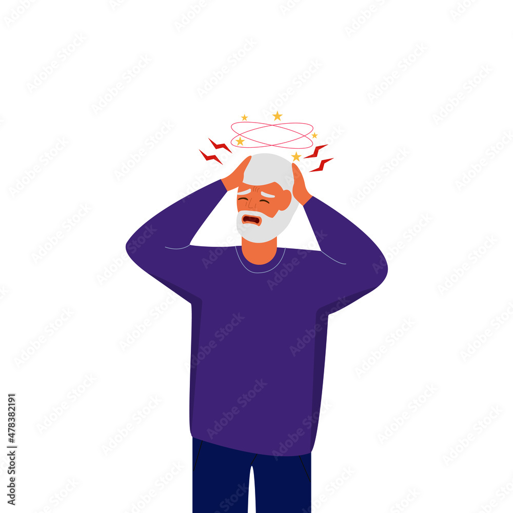 A flat vector illustration of an elderly man who is dizzy. Dizziness and severe headache. Isolated design on a white background.