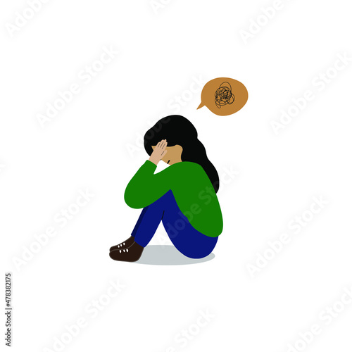 Sad woman sits on the floor with tangled thoughts. The unhappy girl has confused thinking. The depressed adolescent has memory problems. Concept of mental disorder or illness. Vector illustration