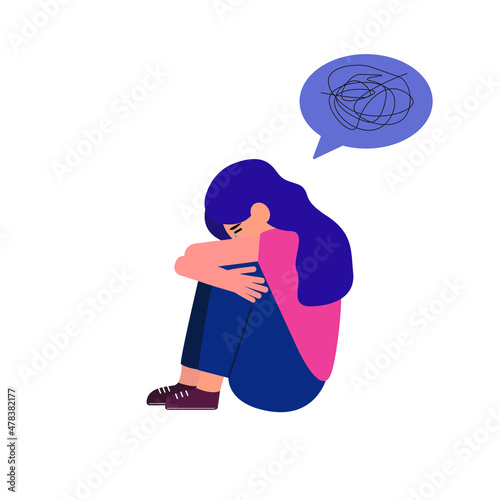 Sad woman sits on the floor with tangled thoughts. The unhappy girl has confused thinking. The depressed adolescent has memory problems. Concept of mental disorder or illness. Vector illustration