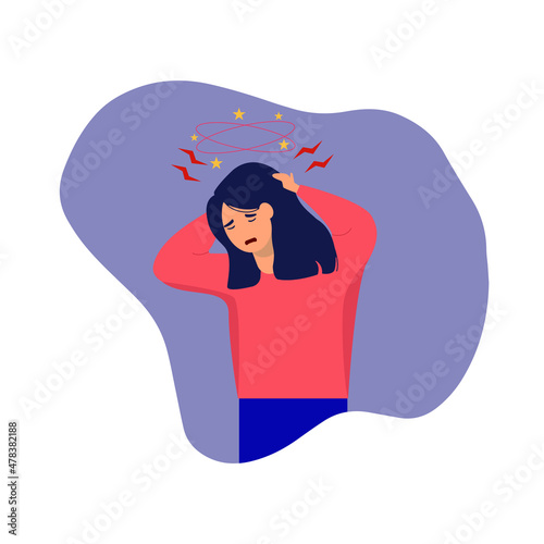 A flat vector illustration of an woman who is dizzy. Dizziness and severe headache. Isolated design on a white background.