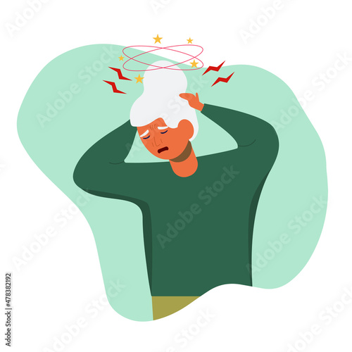 A flat vector illustration of an elderly woman who is dizzy. Dizziness and severe headache. Isolated design on a white background.