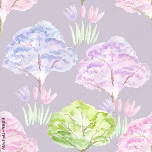  Tree with pink flowers  a tree with green leaves. Watercolor illustration. Seamless pattern.