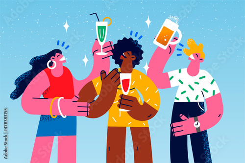Happy diverse people drink beverage having party 